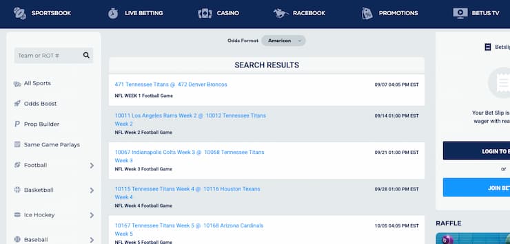 A view of the betting interface on BetUS, one of the best TN online sportsbooks. 